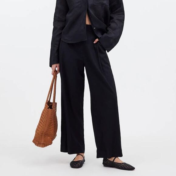 Madewell Pants Pull-On High Rise Straight Leg Crop Linen Blend True Black NWT 10 - Picture 1 of 9
